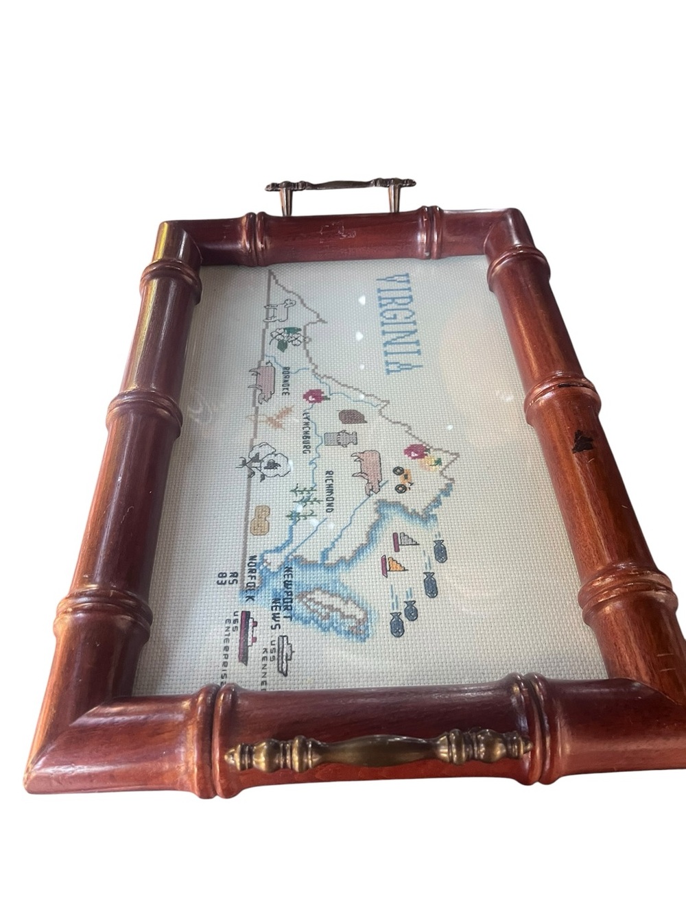 Vintage Virginia Map Needlepoint Serving Tray - Brown Wood Frame